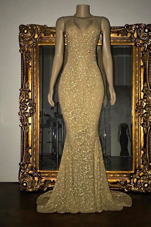 Gorgeous Sequined Mermaid Spaghetti-strap Long Sleevesless Corset Prom Party Gowns Outfits, Yellow Prom Dress