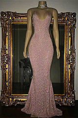 Gorgeous Sequined Mermaid Spaghetti-strap Long Sleevesless Corset Prom Party Gowns Outfits, Vintage Prom Dress