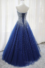 Gorgeous Strapless Blue Tulle Beaded Long Corset Prom Dresses, Beaded Blue Corset Formal Evening Dresses, Beaded Corset Ball Gown outfits, Bridesmaid Dresses 3 7 Length