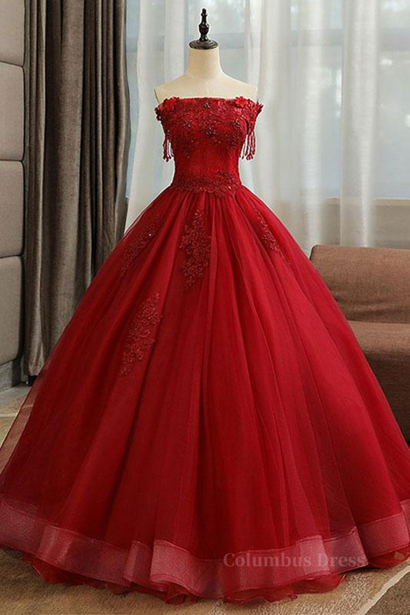 Gorgeous Strapless Burgundy Lace Beaded Long Corset Prom Dress, Lace Burgundy Corset Formal Evening Dress, Burgundy Lace Corset Ball Gown outfits, Evening Dress Open Back
