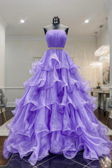 Gorgeous Strapless Layered Purple Tulle Long Corset Prom Dresses with Belt, Purple Corset Formal Evening Dresses, Purple Corset Ball Gown outfits, Formal Dress Long Gowns