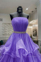 Gorgeous Strapless Layered Purple Tulle Long Corset Prom Dresses with Belt, Purple Corset Formal Evening Dresses, Purple Corset Ball Gown outfits, Formal Dresses Long Gowns