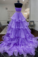 Gorgeous Strapless Layered Purple Tulle Long Corset Prom Dresses with Belt, Purple Corset Formal Evening Dresses, Purple Corset Ball Gown outfits, Formal Dress Boutiques Near Me