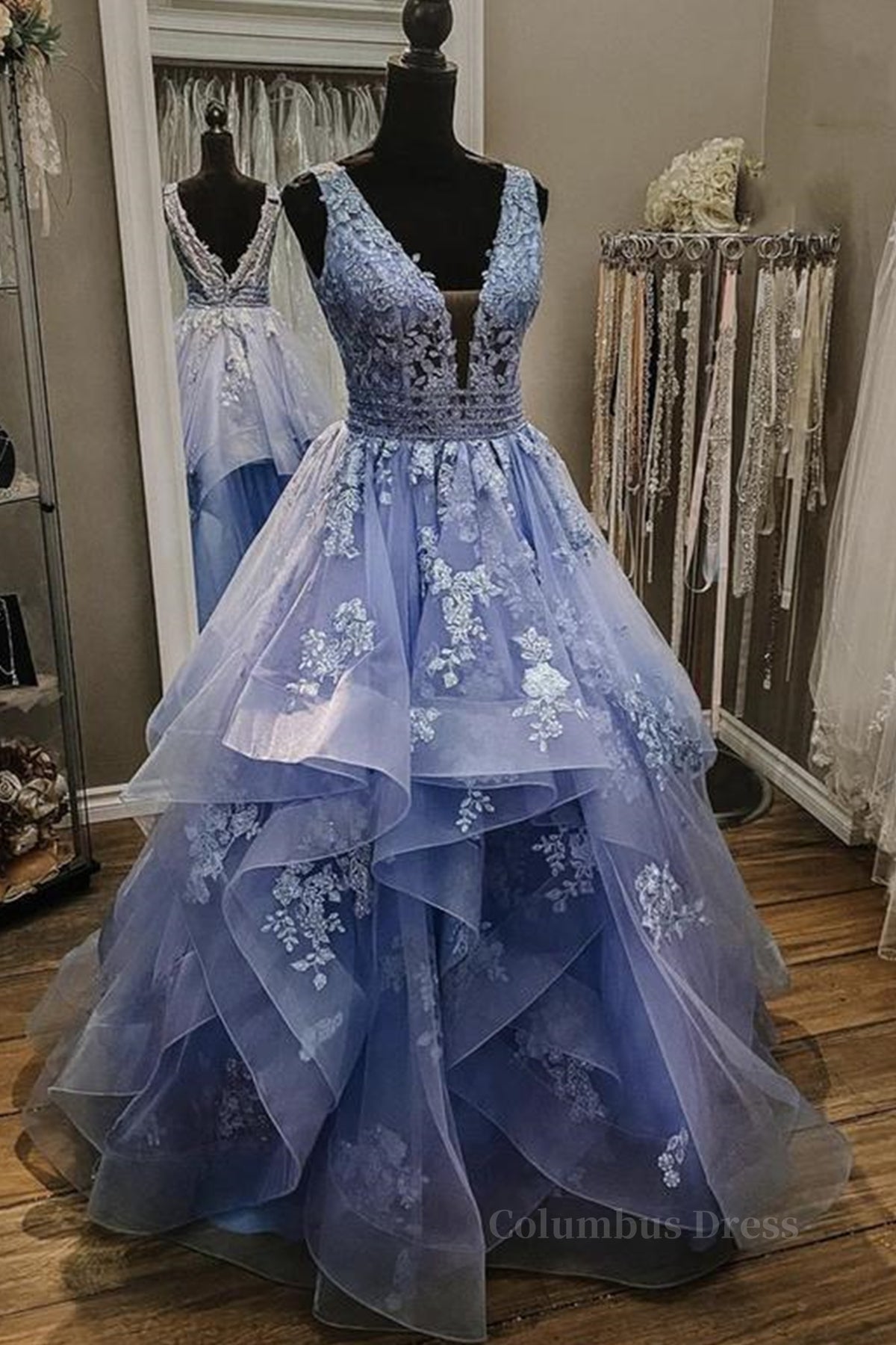 Gorgeous V Neck and V Back Blue Tulle Lace Long Corset Prom Dresses, Puffy Blue Lace Corset Formal Evening Dresses outfit, Formal Dress For Teens