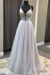 Gorgeous V Neck Backless Beaded Gray Tulle Long Corset Prom Dresses, Backless Grey Corset Formal Graduation Evening Dresses outfit, Formal Dresses Floral