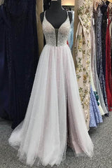 Gorgeous V Neck Backless Beaded Gray Tulle Long Corset Prom Dresses, Backless Grey Corset Formal Graduation Evening Dresses outfit, Formal Dress Inspo