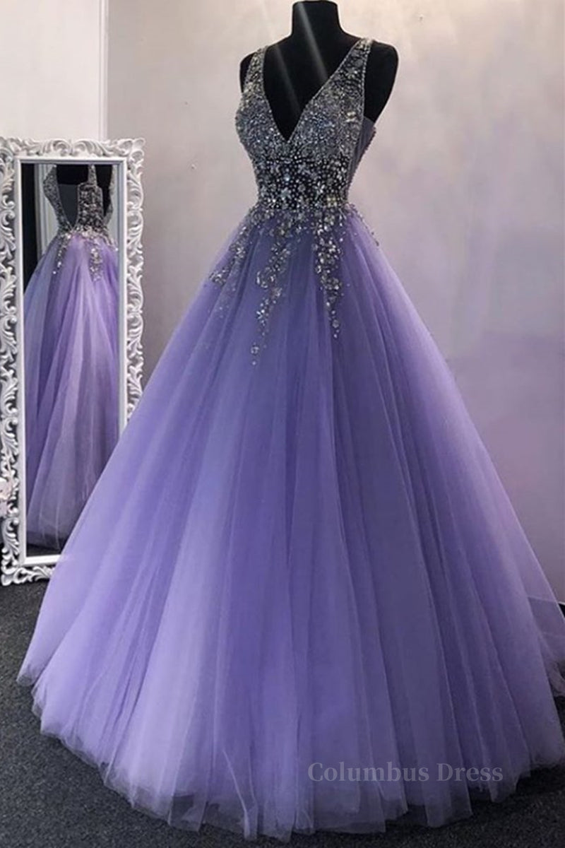 Gorgeous V Neck Beaded Purple Tulle Long Corset Prom Dress, V Neck Purple Corset Formal Evening Dress, Purple Corset Ball Gown outfits, Long Gown