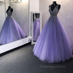 Gorgeous V Neck Beaded Purple Tulle Long Corset Prom Dress, V Neck Purple Corset Formal Evening Dress, Purple Corset Ball Gown outfits, 95 Prom Dress