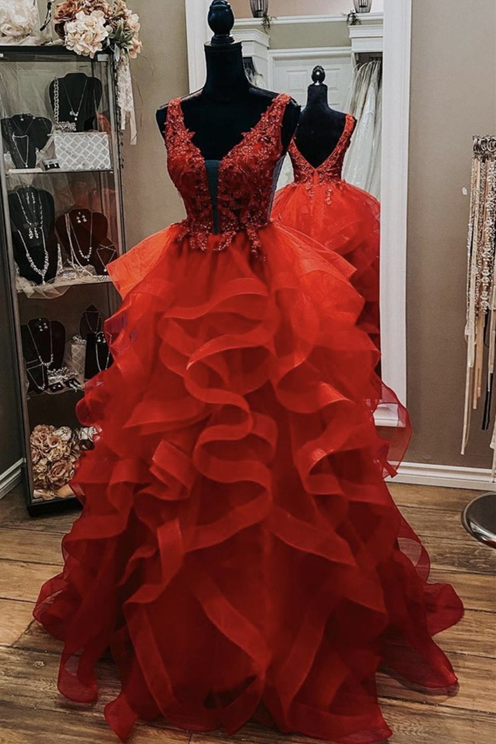 Gorgeous V Neck Open Back Red Lace Long Corset Prom Dress,Corset Formal Evening Dress,Red Corset Ball Gown Party Dresses outfit, Prom Dress2036