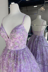 Gorgeous V Neck Thin Straps Purple Long Corset Prom Dress, V Neck Purple Corset Formal Evening Dress, Purple Corset Ball Gown outfits, Evening Dresses Online Shopping