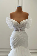 Gorgeous White Long Mermaid Off the Shoulder Tulle Corset Wedding Dress outfit, Wedding Dresses Beach