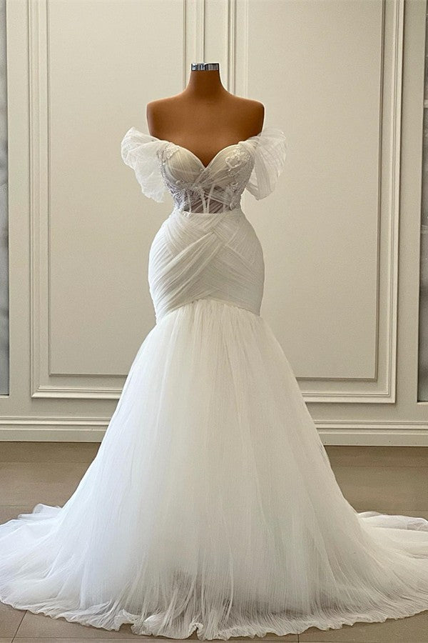 Gorgeous White Long Mermaid Off the Shoulder Tulle Corset Wedding Dress outfit, Wedding Dress Shopping