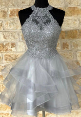 Grey Lace Short Corset Prom Dresses, A-Line Corset Homecoming Dresses outfit, Prom Dresses Yellow