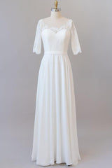 Graceful Long A-line Lace Chiffon Corset Wedding Dress with Sleeves Gowns, Wedding Dress A Line