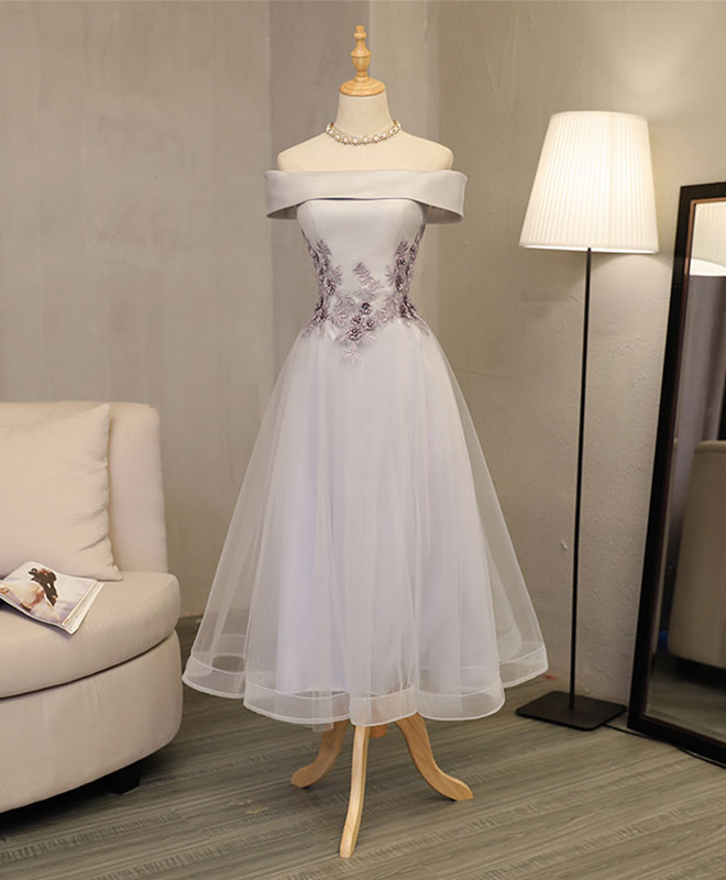 Gray A Line Off Shoulder Tea Length Corset Prom Dress, Lace Corset Homecoming Dress outfit, Evening Dress Sale