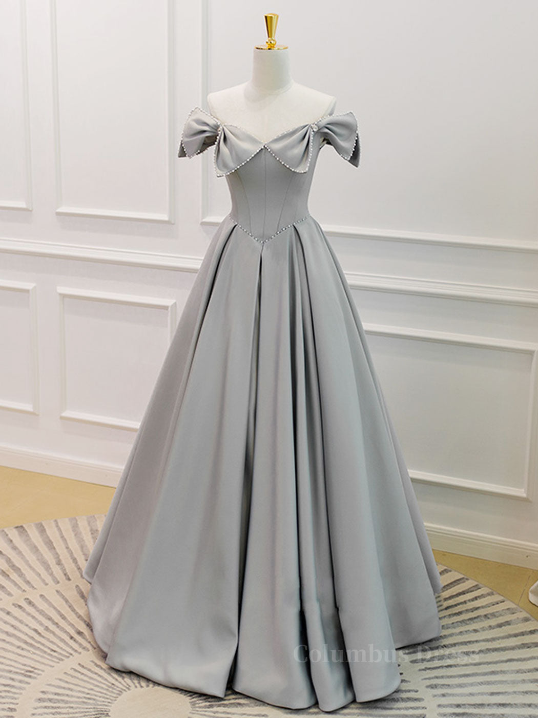 Gray A-Line Satin Long Corset Prom Dress, Gray Corset Formal Evening Dress outfit, Prom Dresses Long Light Blue