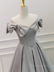 Gray A-Line Satin Long Corset Prom Dress, Gray Corset Formal Evening Dress outfit, Prom Dresses Light Blue Long