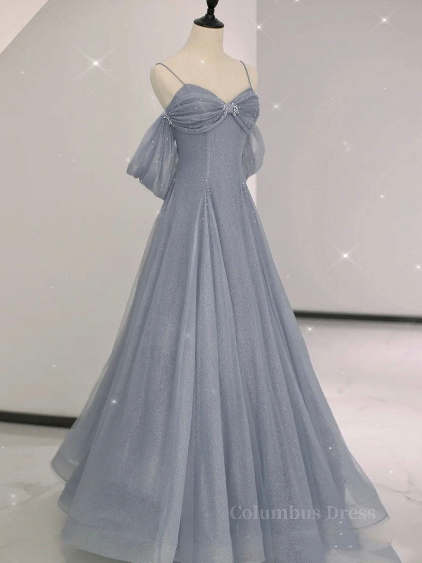 Gray A line tulle off shoulder Corset Prom dress, gray long evening dress outfit, Prom Dress 2021