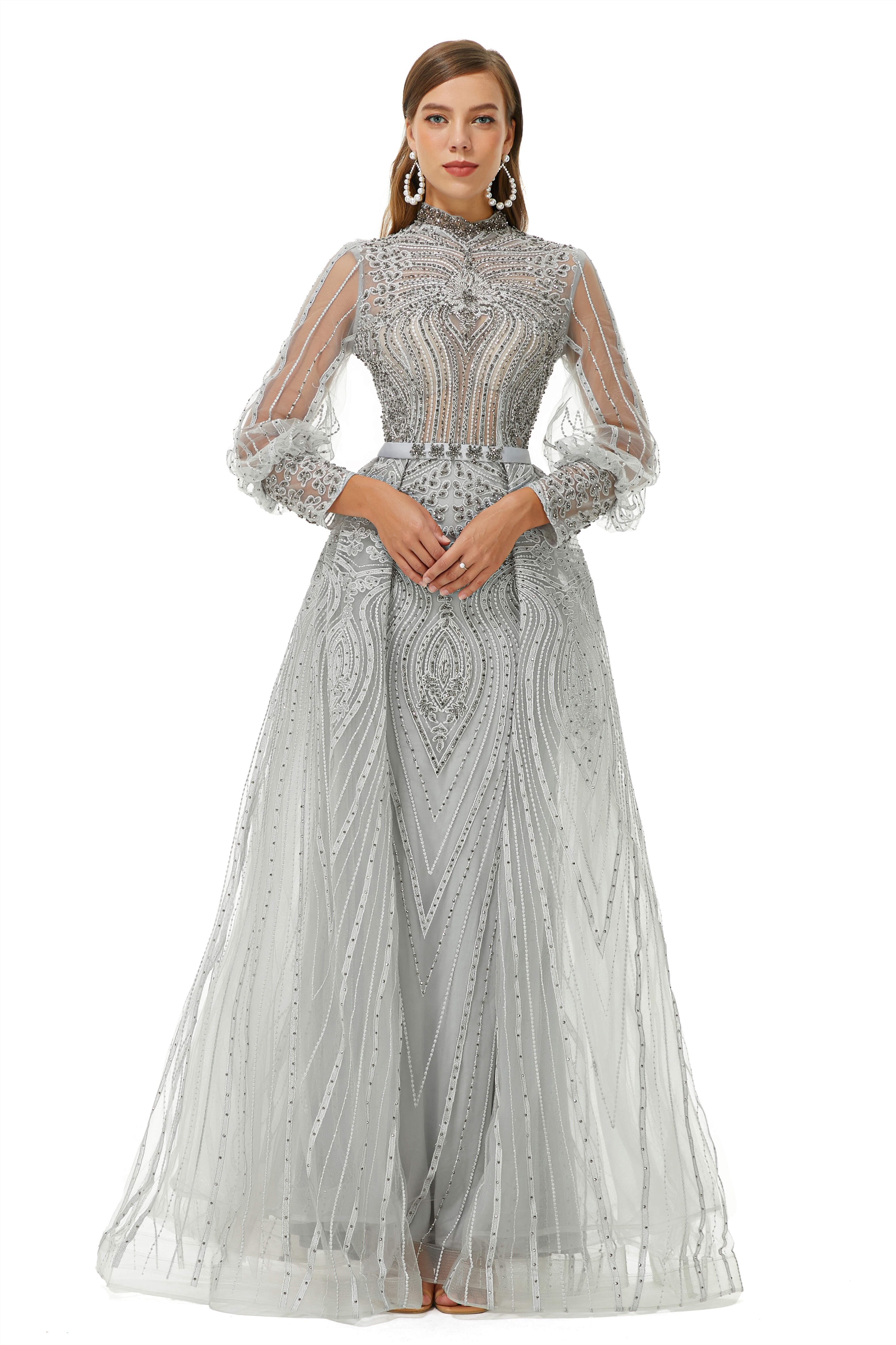 Gray Beaded Mermaid Long sleeves Corset Prom Dresses outfit, Ethereal Dress