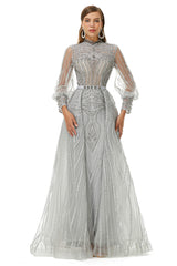 Gray Beaded Mermaid Long sleeves Corset Prom Dresses outfit, Chiffon Dress