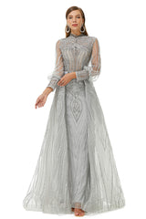 Gray Beaded Mermaid Long sleeves Corset Prom Dresses outfit, Navy Blue Dress