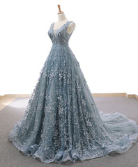 Gray Blue Tulle Lace Long Corset Prom Dress Gray Blue Lace Evening Dress outfit, Prom Dress2035