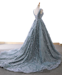 Gray Blue Tulle Lace Long Corset Prom Dress Gray Blue Lace Evening Dress outfit, Prom Dressed 2035