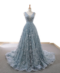 Gray Blue Tulle Lace Long Corset Prom Dress Gray Blue Lace Evening Dress outfit, Prom Dresses Around Me