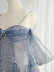 Gray Blue Tulle Tea Length Corset Prom Dress, Blue A line Corset Formal Dresses outfit, Party Dress High Neck