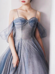 Gray Blue Tulle Tea Length Corset Prom Dress, Blue A line Corset Formal Dresses outfit, Corset Prom Dress