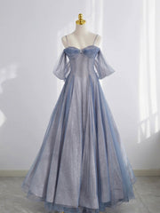 Gray Blue Tulle Tea Length Corset Prom Dress, Blue A line Corset Formal Dresses outfit, Lace Dress