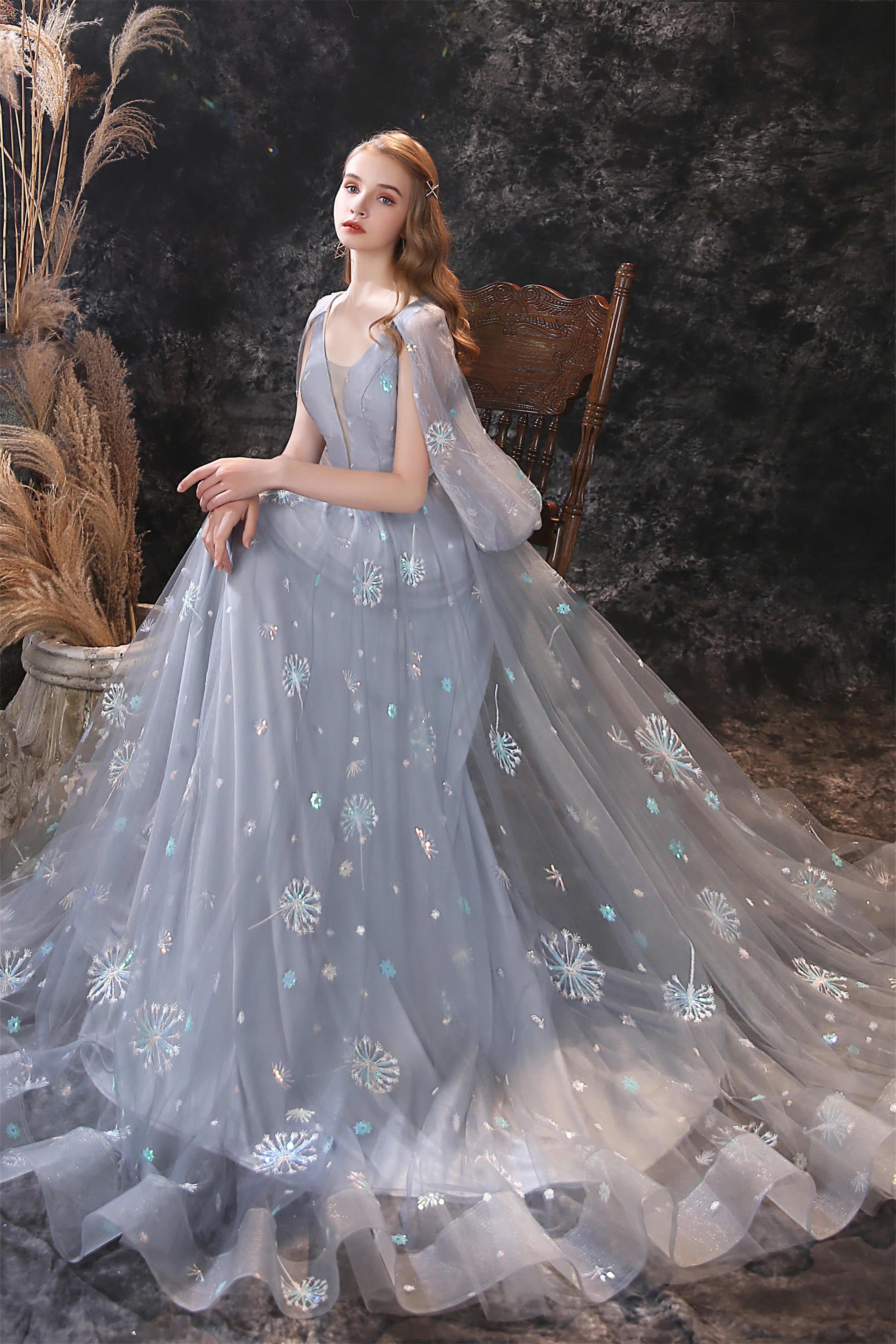 Gray Dandelion Lace V-neck Beading Back Corset Prom Dresses outfit, Bridesmaid Dress Designers