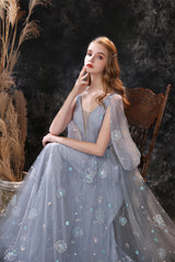 Gray Dandelion Lace V-neck Beading Back Corset Prom Dresses outfit, Bridesmaids Dress Designers