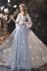 Gray Dandelion Lace V-neck Beading Back Corset Prom Dresses outfit, Bridesmaids Dress Designs