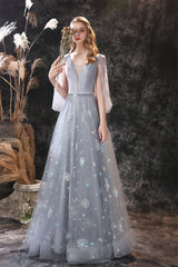 Gray Dandelion Lace V-neck Beading Back Corset Prom Dresses outfit, Bridesmaid Dresses Design