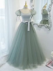 Gray Green A-Line Tulle Long Corset Prom Dress, Gray Green Corset Formal Dress outfit, Party Dress