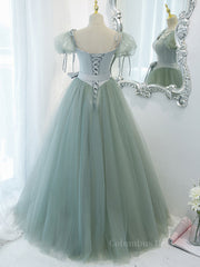 Gray Green A-Line Tulle Long Corset Prom Dress, Gray Green Corset Formal Dress outfit, Graduation Dress