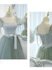 Gray Green A-Line Tulle Long Corset Prom Dress, Gray Green Corset Formal Dress outfit, Green Prom Dress