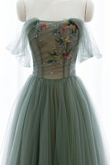 Gray Green Tulle Beaded Long Corset Prom Dress, A-Line Evening Dress outfit, Bridesmaid Dress Dusty Rose