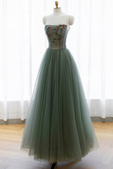 Gray Green Tulle Beaded Long Corset Prom Dress, A-Line Evening Dress outfit, Mother Of The Bride Dress
