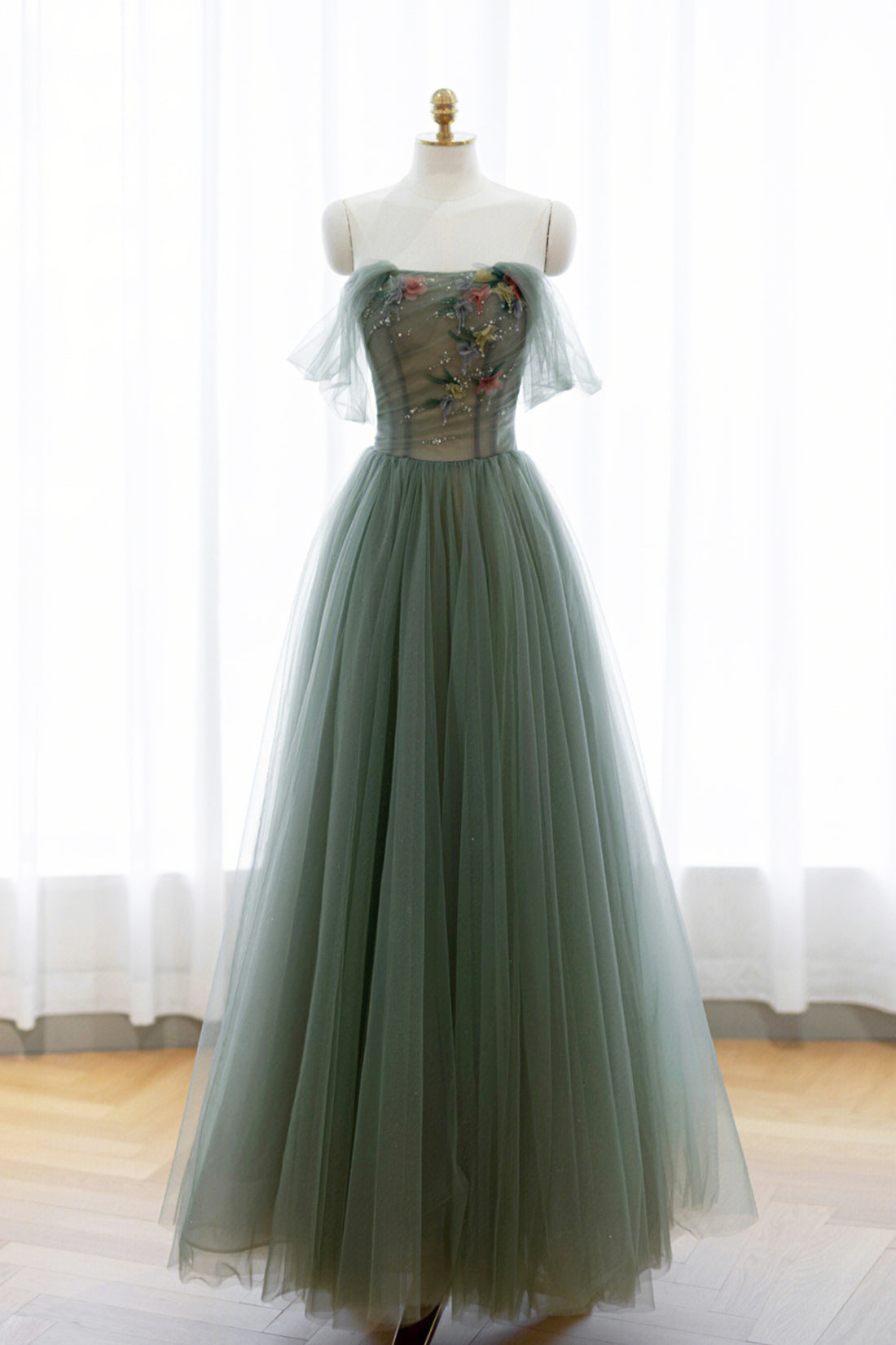 Gray Green Tulle Beaded Long Corset Prom Dress, A-Line Evening Dress outfit, Unique Wedding Ideas