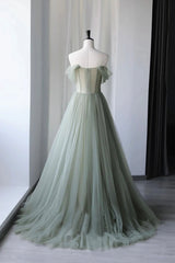 Gray Green Tulle Long Corset Prom Dress, Lovely Off Shoulder A-Line Evening Dress outfit, Wedding Inspiration