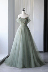 Gray Green Tulle Long Corset Prom Dress, Lovely Off Shoulder A-Line Evening Dress outfit, Pretty Prom Dress
