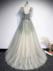 Gray Green Tulle Sequin Beads Long Corset Prom Dress, Green Evening Dress outfit, Formal Dresses Summer