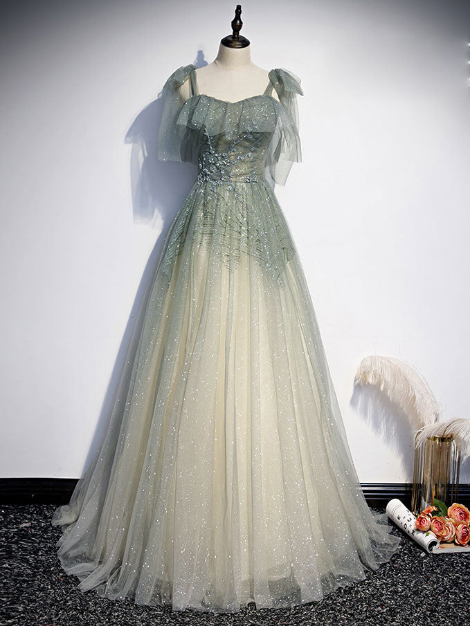 Gray Green Tulle Sequin Beads Long Corset Prom Dress, Green Evening Dress outfit, Formal Dress Summer