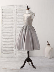 Gray High Neck Lace Chiffon Short Corset Prom Dress Gray Corset Bridesmaid Dress outfit, Party Dress Sales