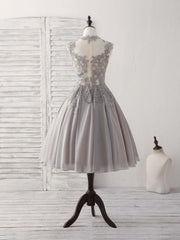 Gray High Neck Lace Chiffon Short Corset Prom Dress Gray Corset Bridesmaid Dress outfit, Party Dresses Sale