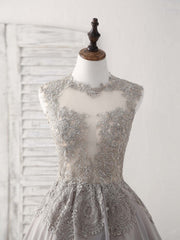 Gray High Neck Lace Chiffon Short Corset Prom Dress Gray Corset Bridesmaid Dress outfit, Party Dress Dresses