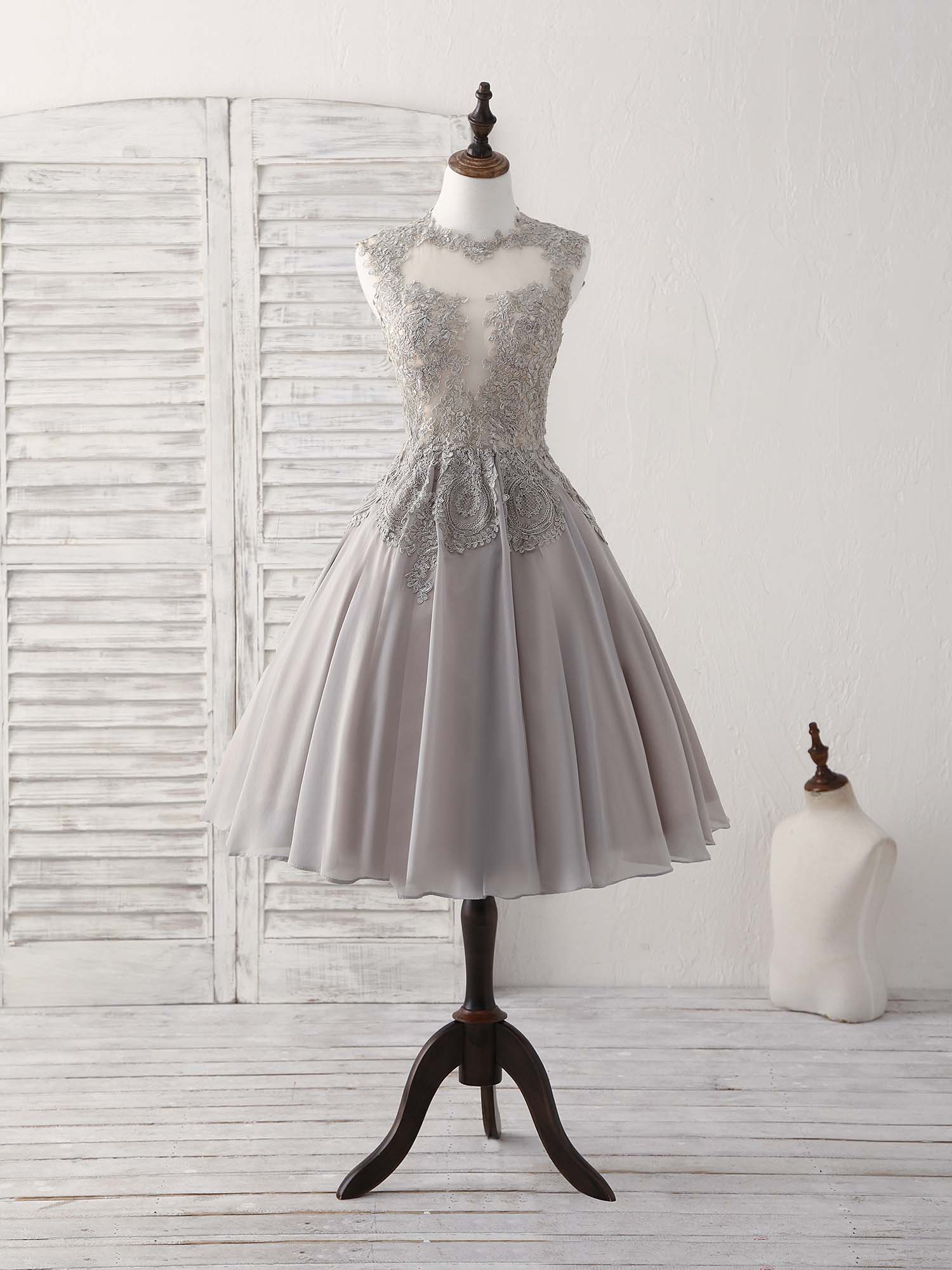 Gray High Neck Lace Chiffon Short Corset Prom Dress Gray Corset Bridesmaid Dress outfit, Party Dress Sale