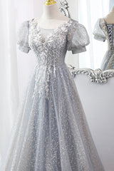 Gray Lace Long A-Line Corset Prom Dress with Sequins, Cute Short Sleeve Evening Dress outfit, Prom Dress Spring